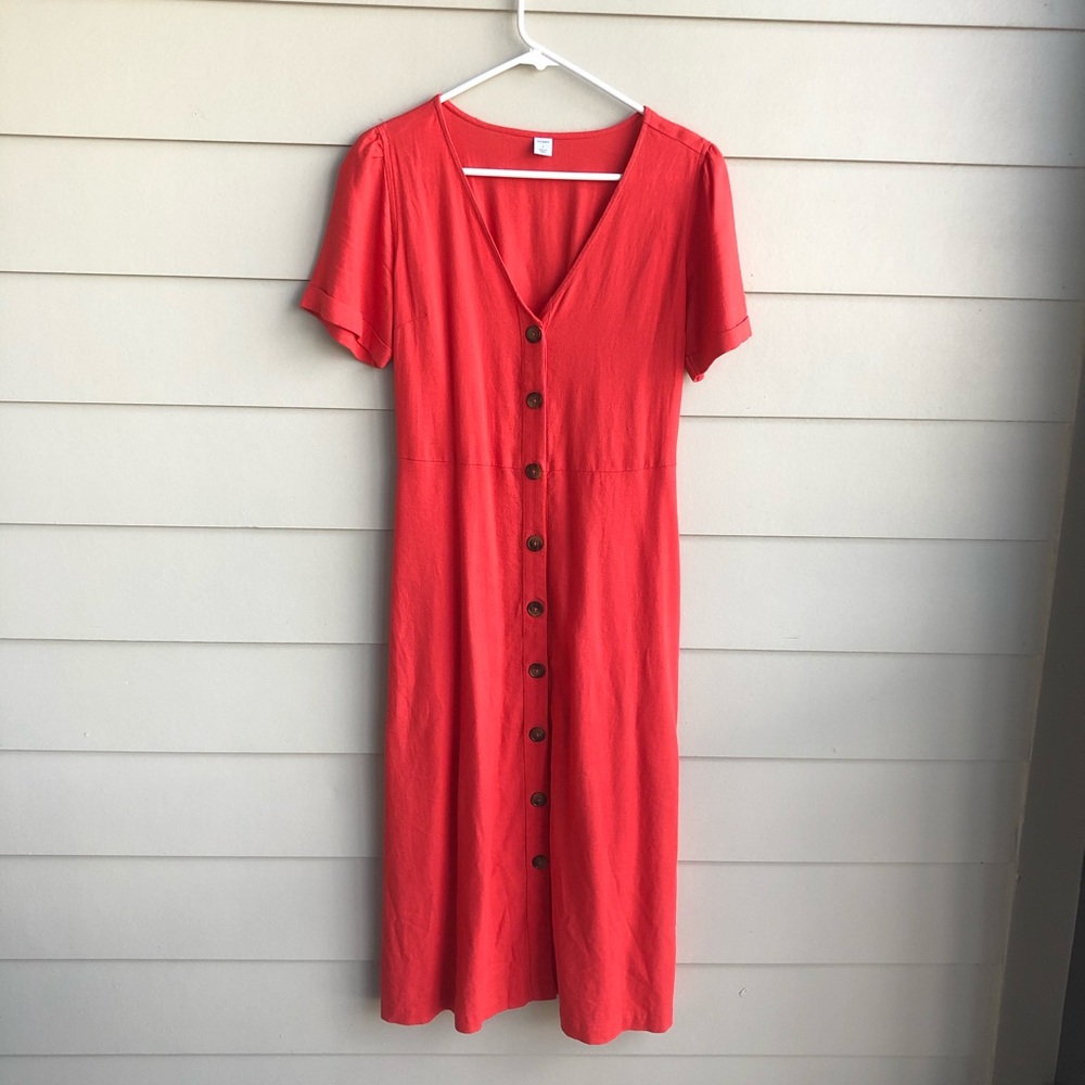 Red button down midi dress
